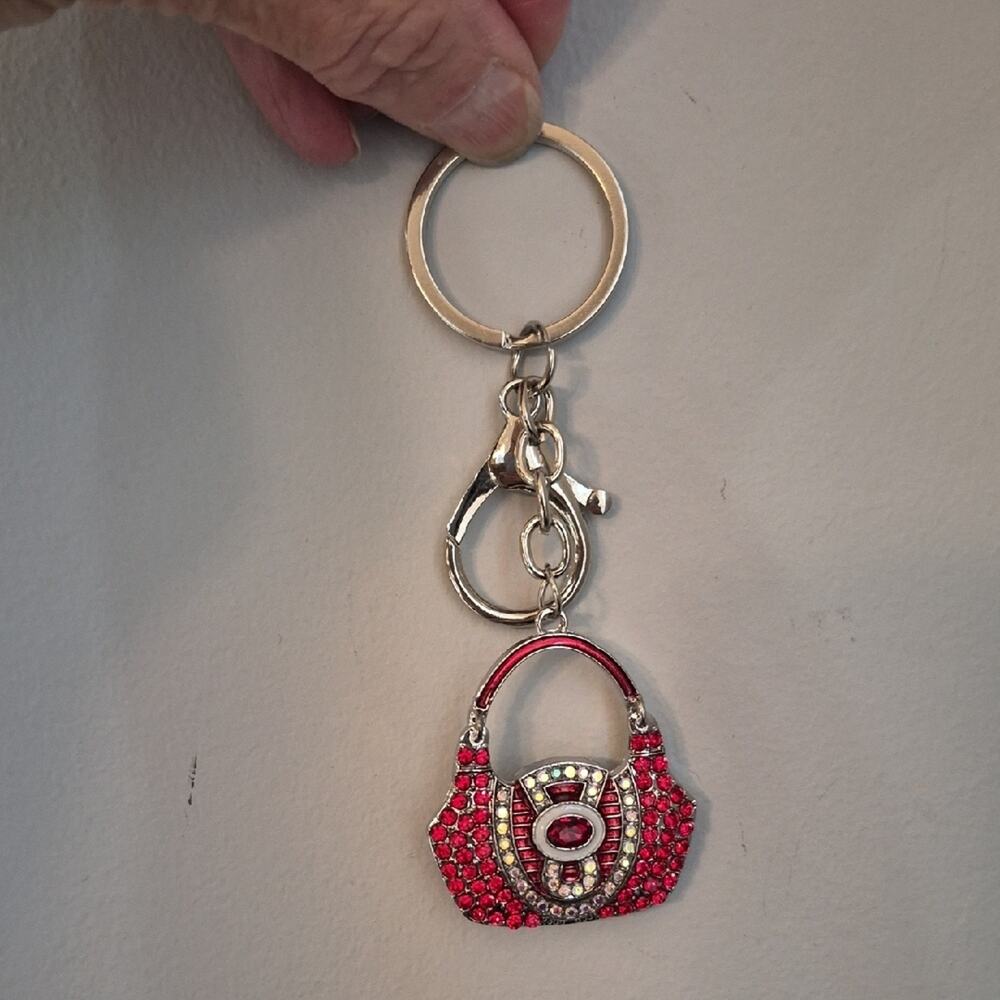 Purse Shaped Bag Charm Key Charm Red and Silver Handbag Keychain - Picture 7 of 8